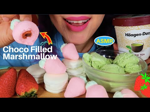 ASMR CHOC FILLED MARSHMALLO, OREO WHITE FUDGE COVERED MUKBANG|마시멜로우, 녹차아이스크림,오레오|CURIE.ASMR