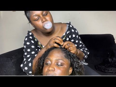 Asmr✨younger sis and I taking down my braids with gum cracking sound.