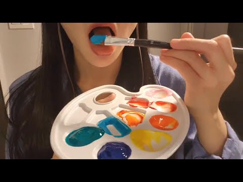 ASMR 물감 먹기 스핏페인팅 그리고 입소리 / Real Spit Painting With paint & Mouth Sounds