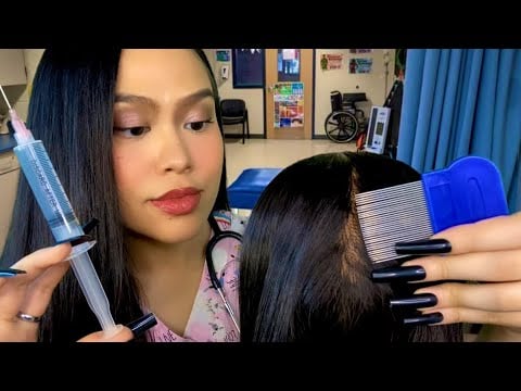 ASMR TINGLY School Nurse Lice Scalp Check, Scratching, Plucking + Injections (face touching) 💉 RP