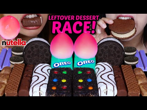 ASMR EXTREME LEFTOVER DESSERT RACE! M&MS ICE CREAM, PEACH ICE CREAM, NUTELLA BAR, OREO, BLUE KITKATS