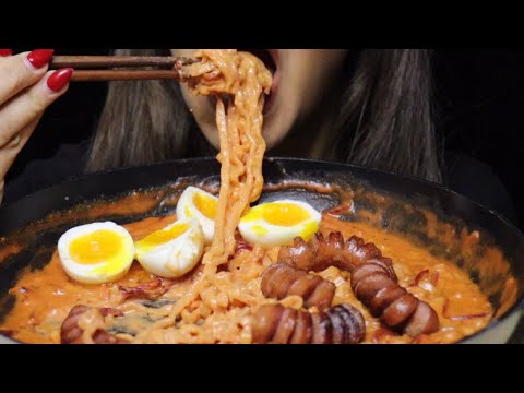 ASMR REALLY CREAMY BULDAK ROSE NOODLES WITH SAUSAGE AND EGGS MUKBANG #asmr #mukbang #noodles #buldak