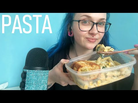 ASMR Eating Creamy Cheese Chicken Pasta & Garlic Bread