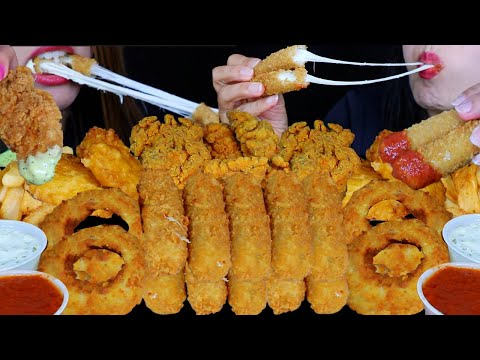ASMR FRIED FOOD FEAST! CHEESY MOZZARELLA STICKS, FRIED CHICKEN, CRUNCHY ONION RINGS, FRIES, FISH