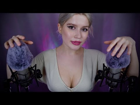 ASMR binaural mouth sounds, fluffy ears rubbing, unintelligible whispers for stress & anxiety relief