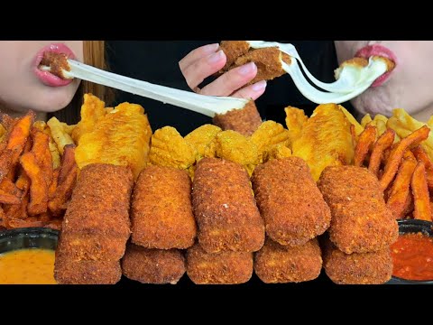 ASMR FRIED FOOD FEAST! GIANT MOZZARELLA CHEESE STICKS, CHICKEN WINGS, FRIED FISH, FRIES + RANCH 먹방