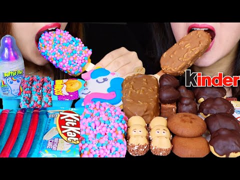 ASMR BIRTHDAY CAKE ICE CREAM, JELLY, KITKAT, DUNKAROOS, NERDS ROPE, KINDER HAPPY HIPPO, CREAM PUFF먹방