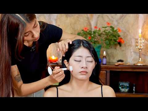 Masaje relajante ASMR con sonidos y susurros suaves, cepillado del cabello para ayudarte a dormir
