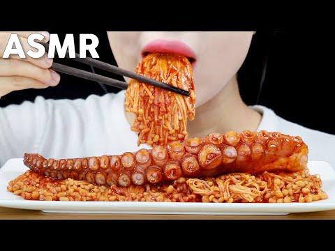 ASMR Fire Octopus and Enoki Mushrooms Eating Sounds | 불닭문어, 불닭팽이버섯 먹방 | MINEE EATS