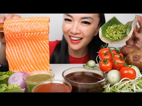 SALMON SASHIMI + FRESH VEGGIES + SEAFOOD SAUCE (ASMR EATING SOUNDS) LIGHT WHISPERS | SAS-ASMR