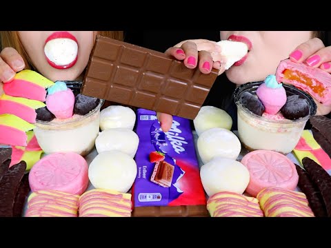 ASMR MILKA STRAWBERRY CHOCOLATE, BANANA MOCHI ICE CREAM, CHEESECAKE, CHOCOLATE MARSHMALLOW, TAFFY 먹방