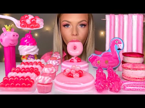 ASMR PINK FOOD* PEPPA PIG, GOT MILK ICE CREAM, JELLY DONUT, MACARONS, POPPING BOBA, JELLY MUKBANG 먹방