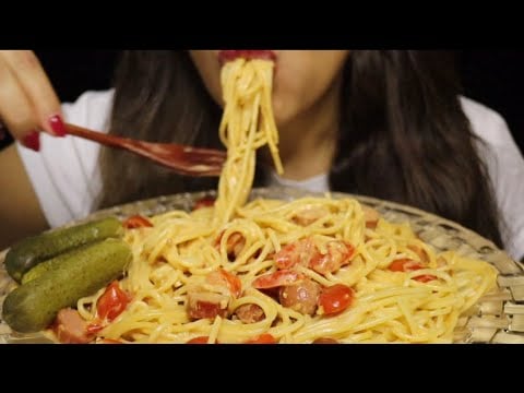 ASMR REALLY CREAMY SPAGHETTI ROSA CHEDDAR SAUSAGE PICKLES MUKBANG #asmr #mukbang #spaghetti #pasta