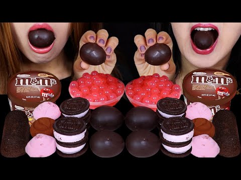 ASMR DARK CHOCOLATE MATCHA EGG CAKES, M&MS ICE CREAM SUNDAE, STRAWBERRY POPPING BOBA, CHEESECAKE 먹방