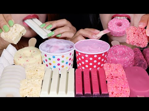 ASMR WHITE CHOCOLATE VS STRAWBERRY KITKATS, SPRINKLE DONUT ICE CREAM BARS, SUNDAE, Rice Krispies 먹방