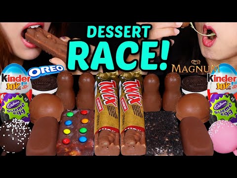 ASMR FAVORITE DESSERT RACE! TWIX CANDY ICE CREAM BARS, CAKE POPS, CADBURY EGGS, M&MS, OREO, KINDER