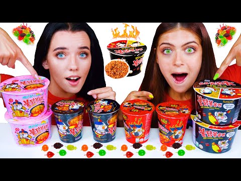 ASMR SPICY FIRE NOODLES VS UNKNOWN FOOD CHALLENGE (TIK TOK JELLY, BUBBLE GUM, GUMMY BEAR)