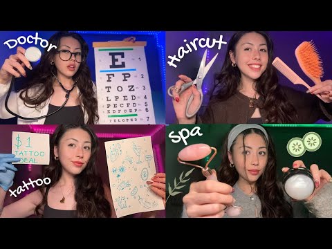 ASMR 4 Roleplays 1 Video! 💤 Doctor Exam, Haircut, Spa Facial, Tattoo, Piercings (personal attention)