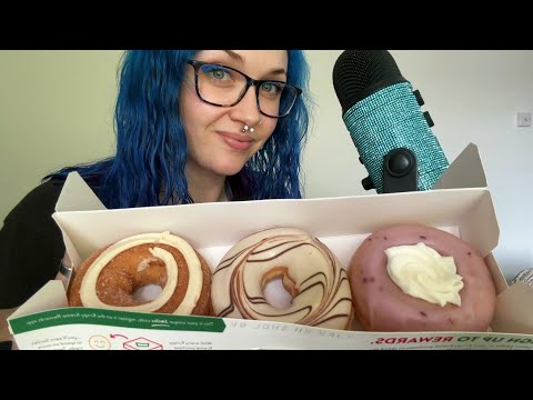 ASMR Eating NEW Krispy Kreme DONUTS I Haven’t Tried (Cinnamon Swirl, White Choc & Blueberry) 🍩