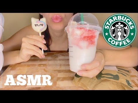 ASMR Starbucks NEW Strawberry Funnel Cake CREME Frappuccino + Unicorn CAKE Pop ( Eating Sounds)