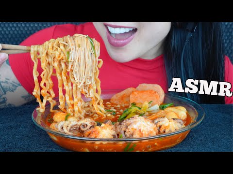 ASMR SPICY NOODLE SOUP + OCTOPUS + SPAM + ENOKI MUSHROOMS (EATING SOUNDS) NO TALKING | SAS-AMSR