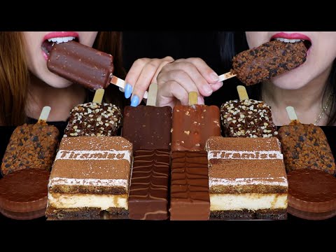 ASMR MILK & DARK CHOCOLATE CAKE BARS, TIRAMISU CHEESECAKE SLICES, REESE'S ICE CREAM, CANDY CUPS 먹방