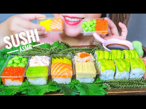 ASMR EATING SUSHI ( SALMON , EGGS , AVOCADO , BEAN , SEAGRAPES), EATING SOUNDS | LINH-ASMR