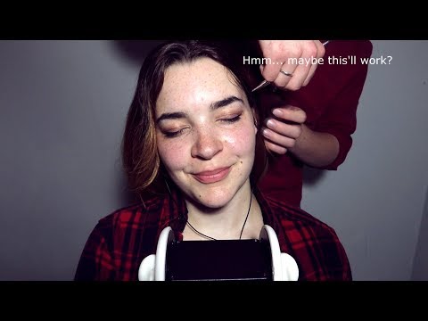 My Husband Tries ASMR! Face Brushing, Hair Brushing, Tapping [Binaural]