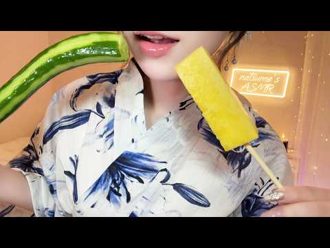 【ASMR】浴衣で夏祭り気分🎐きゅうり一本漬け＆冷やしパインを食べる🥒🍍　Eating Cucumber Pickle &Pineapple in Yukata 🎐