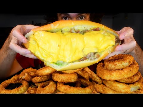 ASMR EATING LOOONG BACON CHEESE BURGER AND ONION RINGS * MUKBANG NO TALKING * NOMNOM