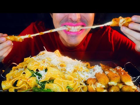 ASMR EATING MESSY FETTUCCINE ALFREDO + FRIED MOZZARELLA STICKS * mukbang no talking * nomnom