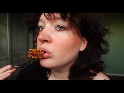 ASMR eating raw honeycomb, no talking (sticky mouth sounds, chewing beeswax)