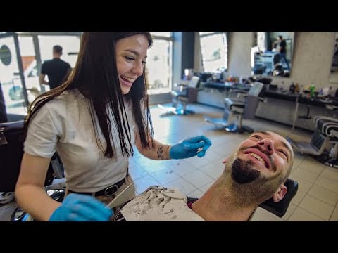 💈BUBBLY UKRAINIAN Barber Scared to Shave my Beard into Van Dyke Stache ! - Krakow 🇵🇱