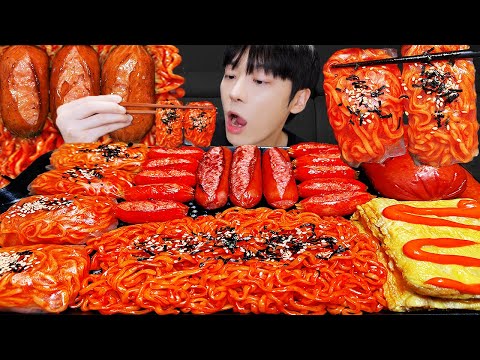 ASMR MUKBANG | 직접 만든 불닭볶음면 불닭쌈 소세지 먹방 & 레시피 FRIED SAUSAGES AND FIRE NOODLES EATING
