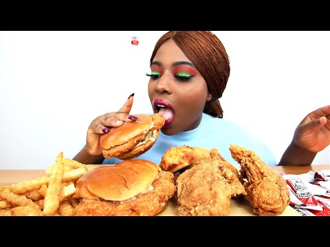 ASMR// POPEYES CAJUN FLOUNDER FISH SANDWICH AND CHURCHES FRIED CHICKEN. ASMR EATING SOUND