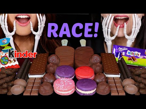 ASMR RACE! MINI KINDER CREAM EGGS, MILKA, CHOCOLATE COVERED CREAM PUFFS, MACARONS, ICE CREAM BARS 먹방