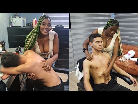 💈SIT BACK & RELAX w/ FULL ASMR MASSAGE TREATMENT of LADY BARBER | GUY FELL ASLEEP ON CHAIR