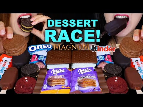 ASMR LEFTOVER DESSERT RACE! MILKA MOUSSE ALFAJOR, MAGNUM ICE CREAM BARS, OREO, KINDER, RED VELVET 먹방