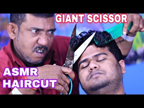 ASMR haircut with giant scissor by ASIM barber | ASMR sound only scissor haircut and beard shaving