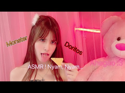 Bikini e-girl does ASMR with Monster and Doritos.