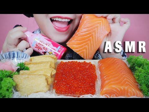 ASMR RAW SALMON EGGS RAW SALMON AND SKIN TOFU WRAP WITH RICE SAMYANG SAUCE EATING SOUND | LINH-ASMR