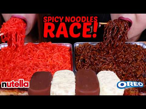 ASMR SPICY NOODLES RACE! Milk & White Chocolate ice cream bars, 10X Buldak Ramen vs Jjajang Ramen 먹방