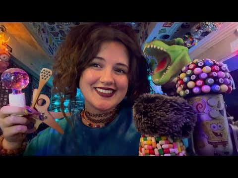 ASMR dinosaur, mouth sounds, water sounds, honey spoon, plucking/ lights, scissor snips, mic covers 