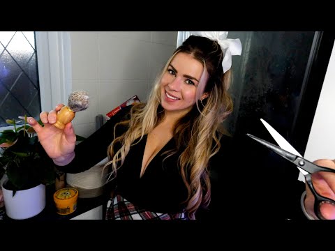 ASMR GIRL NEXT DOOR GROOMS YOU ❤︎💈 (Hair Washing, Haircut, Shave, Personal Attention)