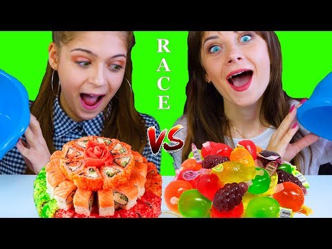 ASMR GUMMY FOOD VS REAL FOOD RACE CHALLENGE (TIK TOK JELLY, SUSHI, NOODLES)