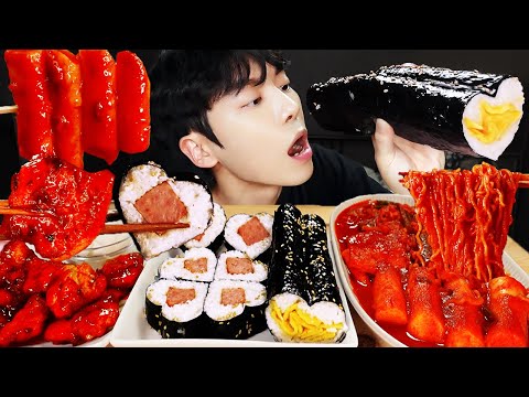 ASMR MUKBANG | 직접 만든 양념치킨 떡볶이 스팸 계란 김밥 레시피 & 먹방 FRIED CHICKEN AND FIRE NOODLES EATING