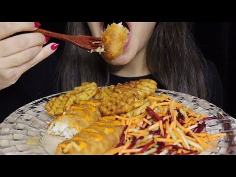 ASMR CRUNCHY CRISPY FISH WAFFLED FRIES SOUR SALAD MUKBANG #asmr #mukbang #crunchy #crispy #fish