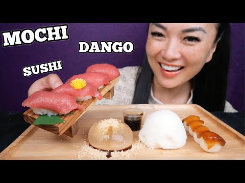 MOCHI + DANGO + RAINDROP JELLO + SUSHI (ASMR EATING SOUNDS) LIGHT WHISPERS | SAS-ASMR