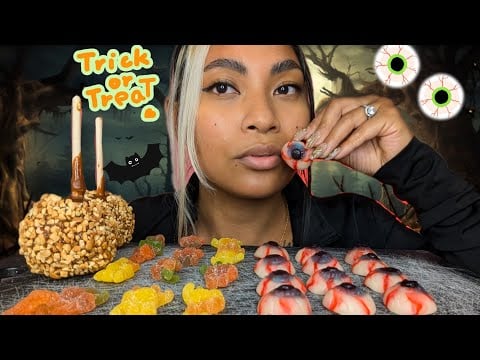 ASMR Mukbang | Eating Eyeball Gummies, Spider Gummies, and Caramel Apples, Satisfying Chewing