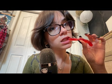 ASMR eating gummies and tingly whispers